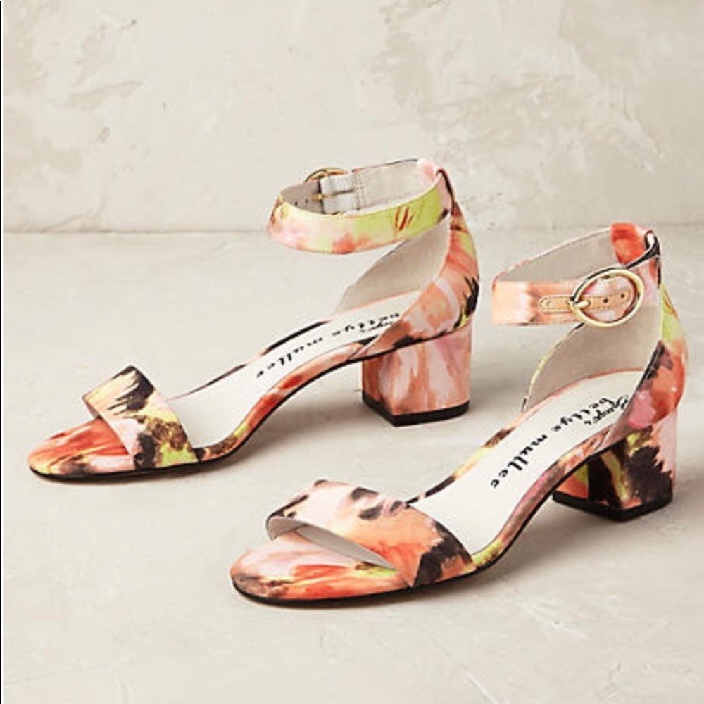 Anthropologie Watercolor Floral Block Heels